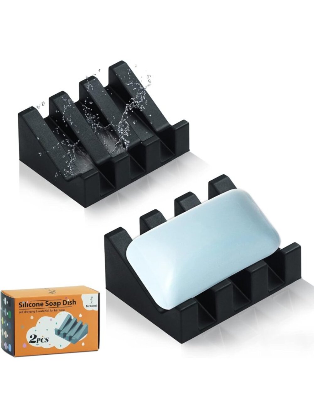 2 Pack Self-Draining Silicone Soap Dish Holder - Waterfall Design, Black